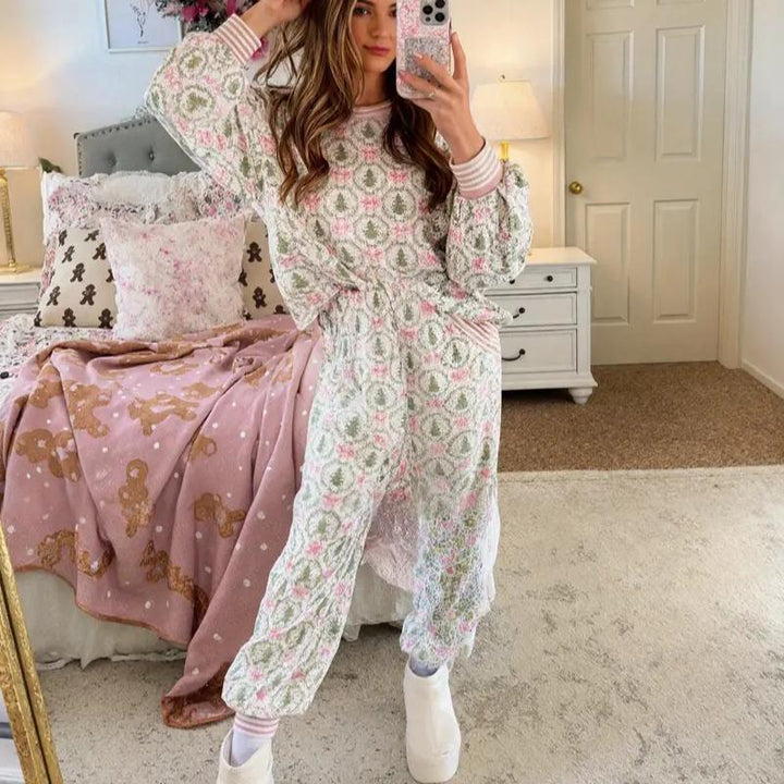 AUBREY™ - Cozy Christmas Bow Print Pajamas Set