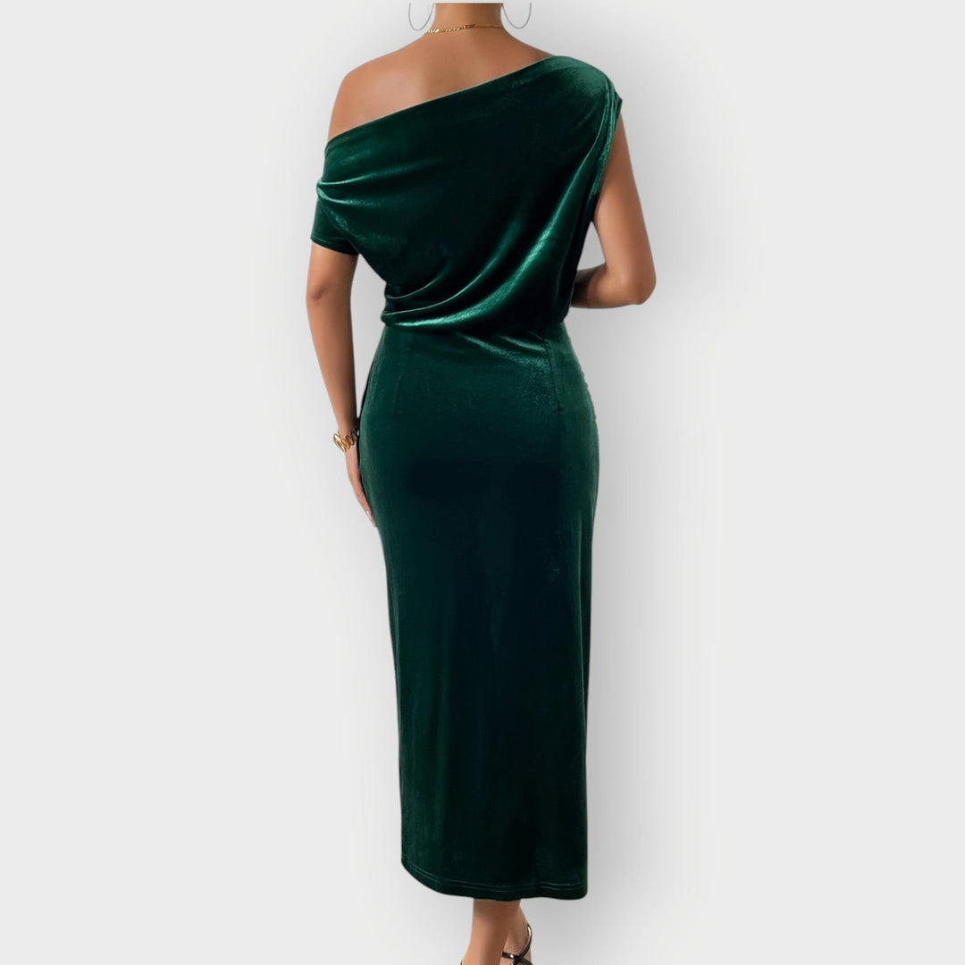 Grecia – Off-Shoulder Draped Velvet Midi Dress