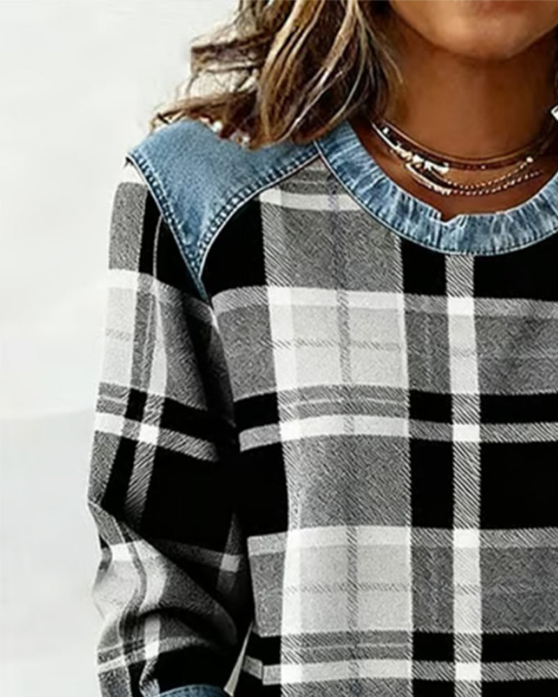 Fashionable Sweatshirt with Checkered Patchwork