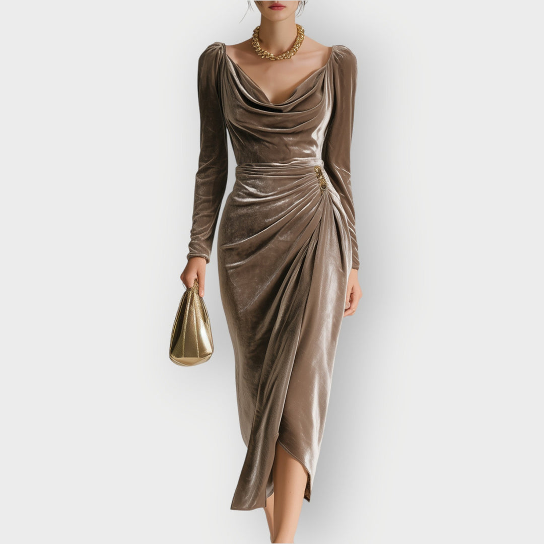 Eadoline - Ruched Draped Elegance Midi Dress