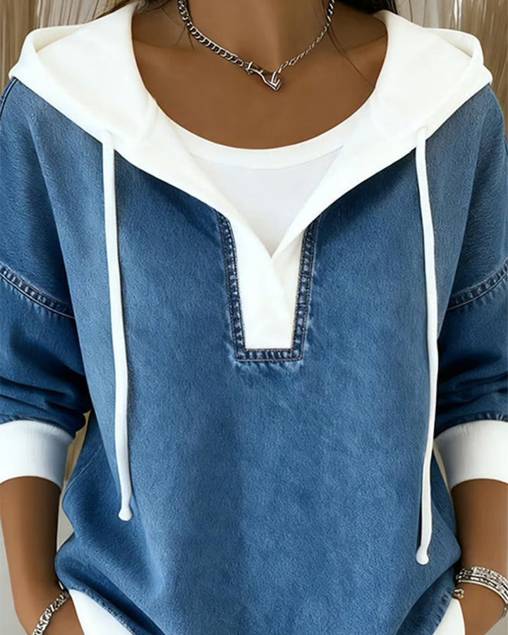 Hooded Sweatshirt with Laces and Denim Panelsc