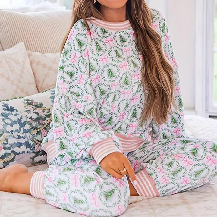 AUBREY™ - Cozy Christmas Bow Print Pajamas Set