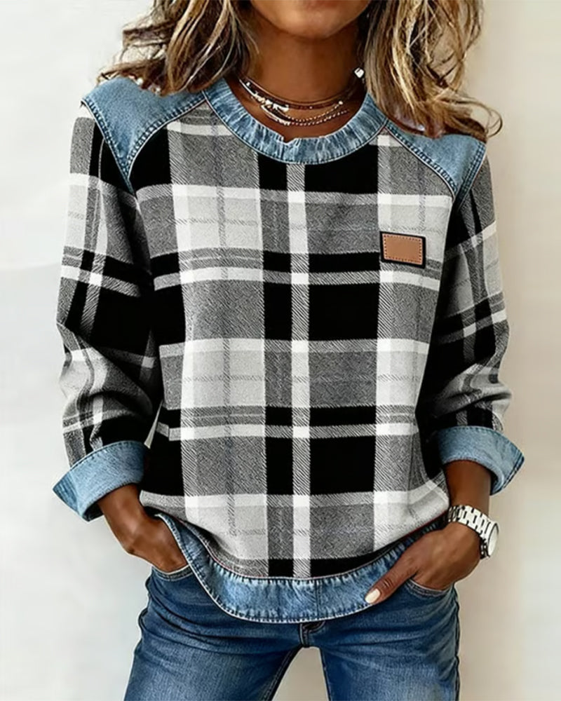 Fashionable Sweatshirt with Checkered Patchwork