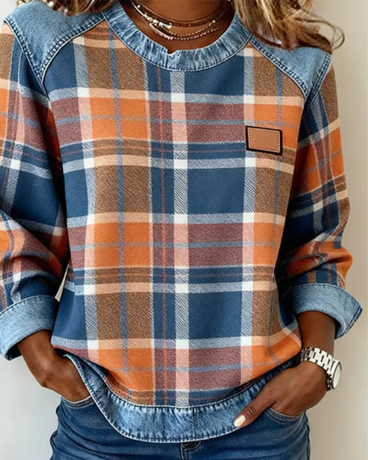 Fashionable Sweatshirt with Checkered Patchwork