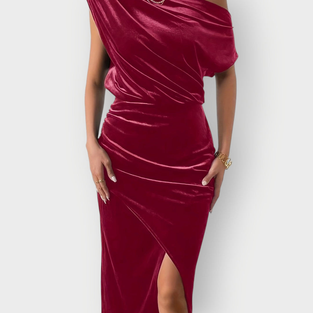 Grecia – Off-Shoulder Draped Velvet Midi Dress