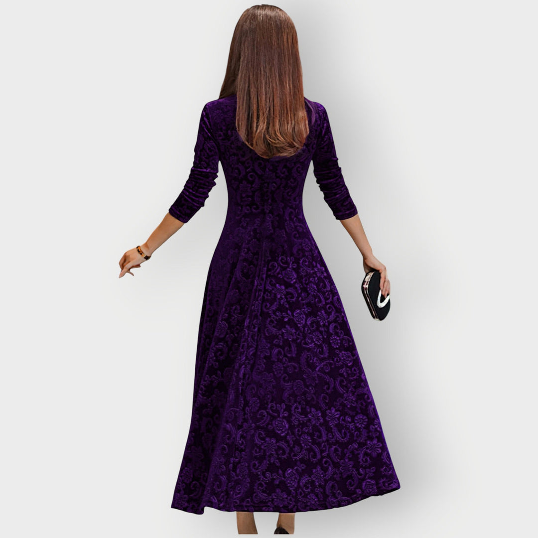 Alora - Vintage-Inspired Jacquard Velvet Midi Dress