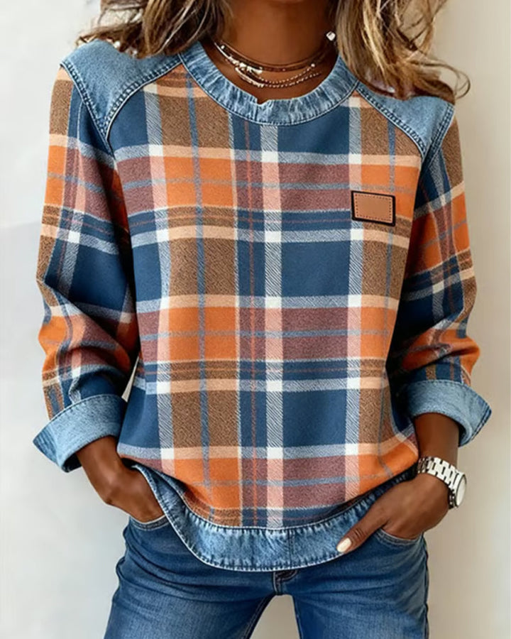 Fashionable Sweatshirt with Checkered Patchwork