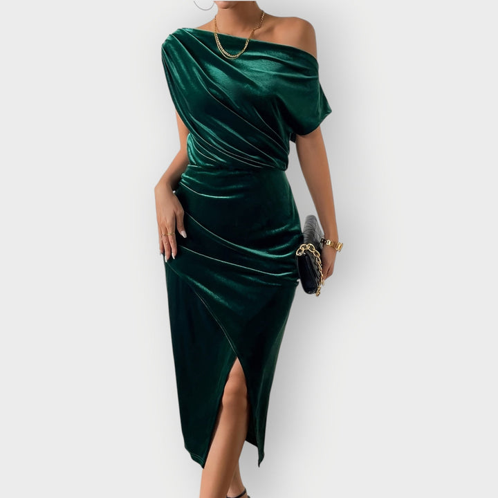 Grecia – Off-Shoulder Draped Velvet Midi Dress