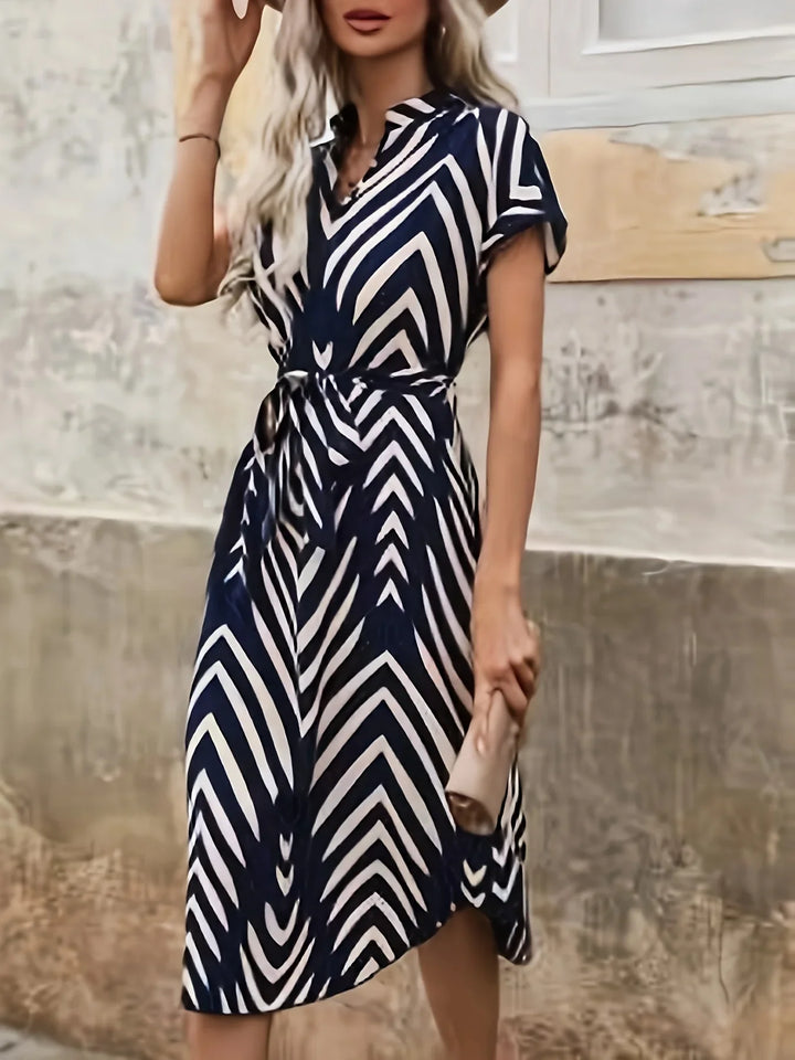Elly | Geometric Print Dress with Tie Belt
