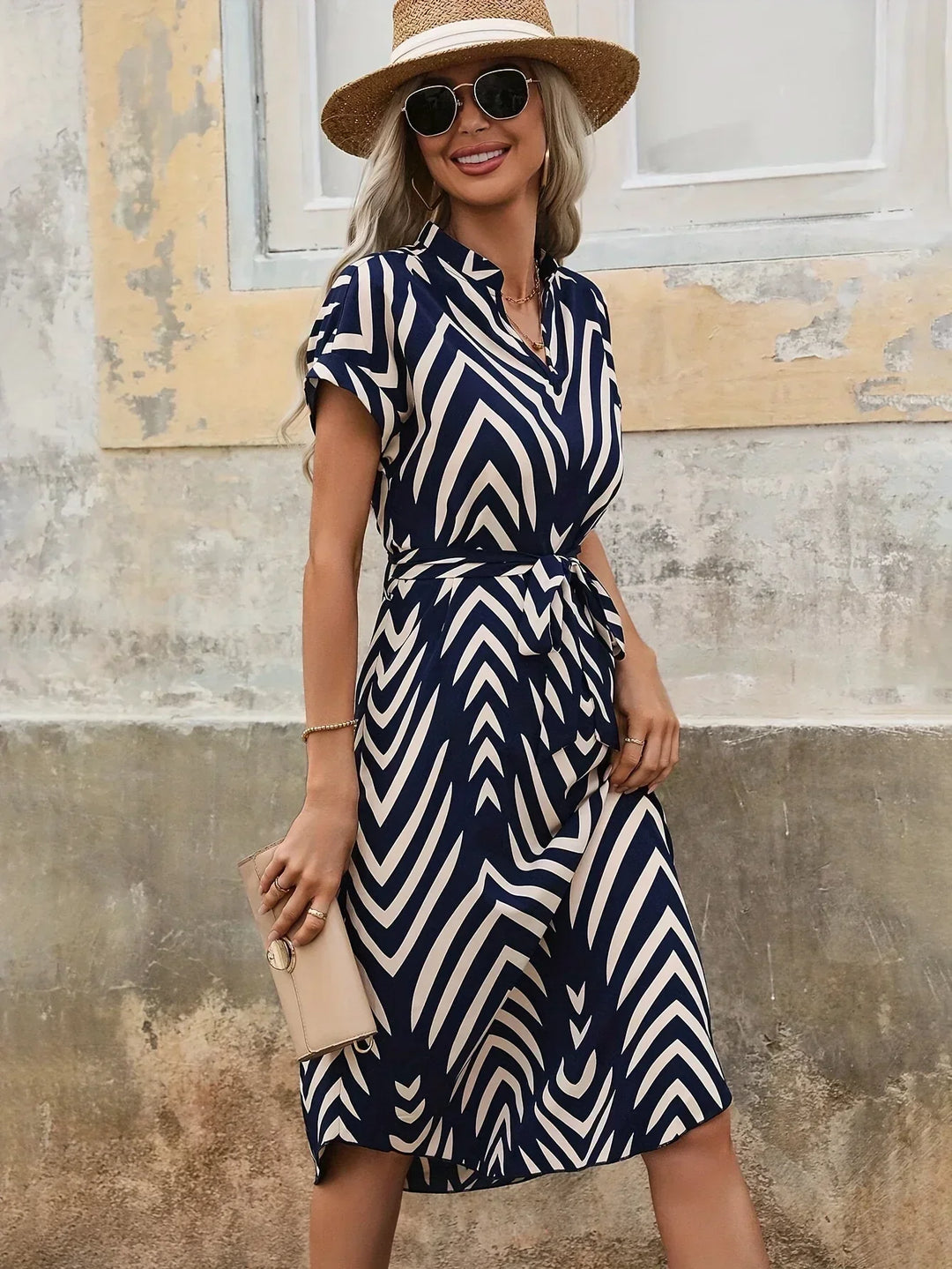 Elly | Geometric Print Dress with Tie Belt