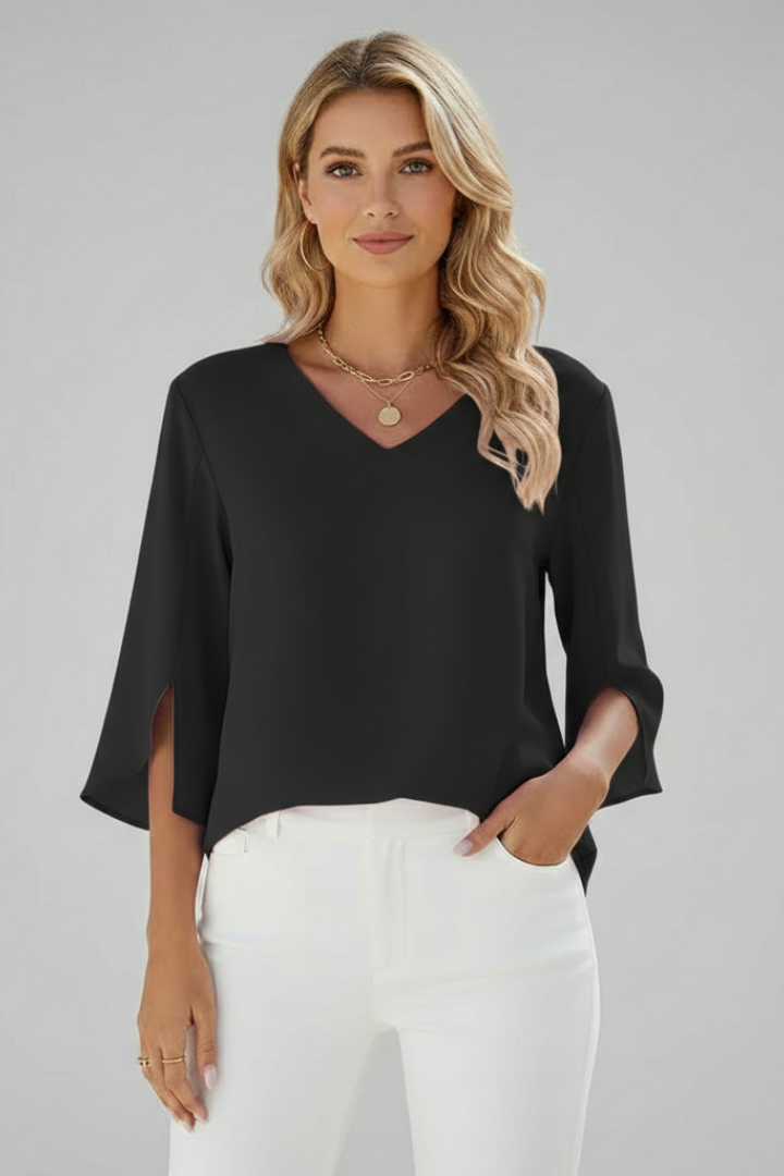 Model front angle dressy black blouse 