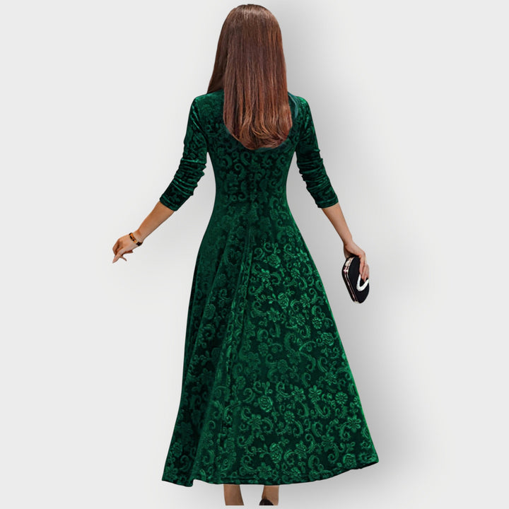 Alora - Vintage-Inspired Jacquard Velvet Midi Dress