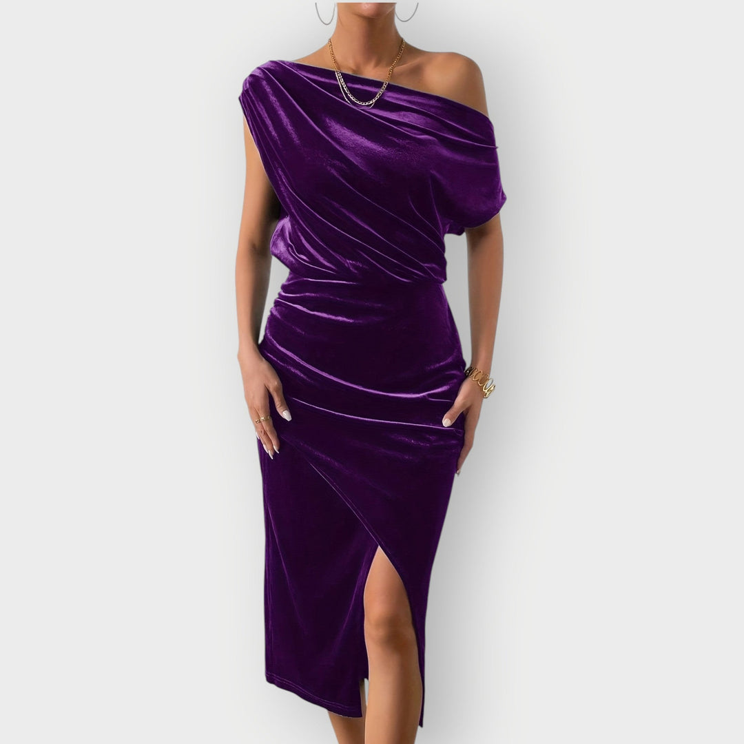 Grecia – Off-Shoulder Draped Velvet Midi Dress